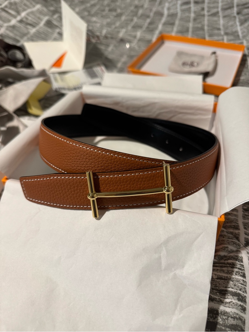 Hermes Men’s Reversible Belt 80cm Brown/Black Gold H Buckle Full Set